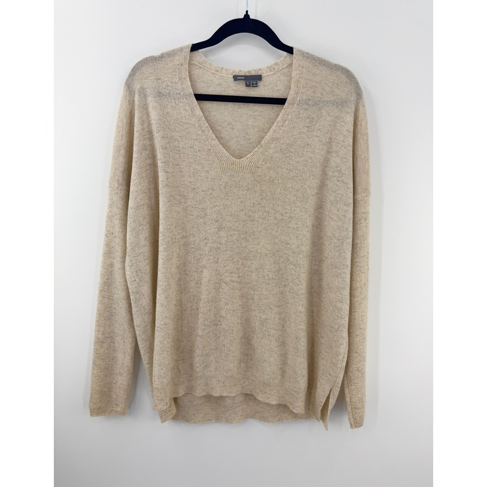B18 Vince V Neck Sweater‎ S Beige Likely Cashmere Blend Heathered Knit Relaxed